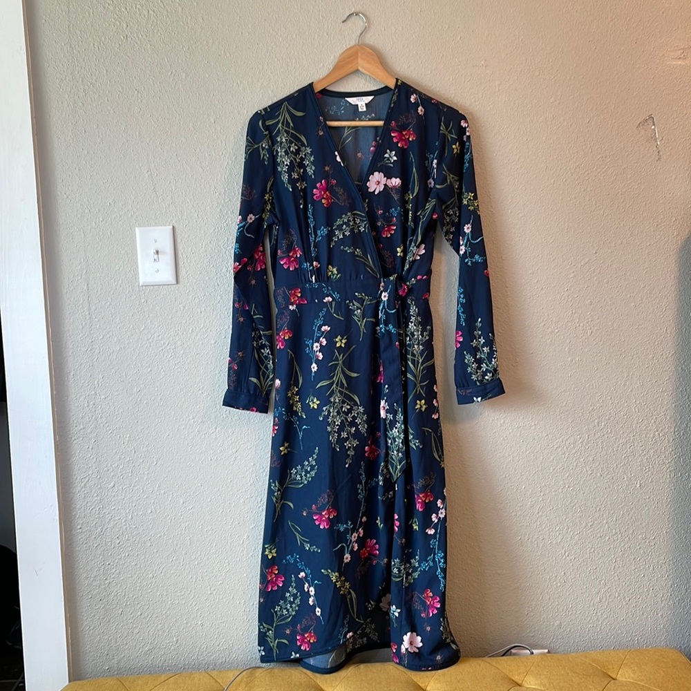 Floral Wrap MIDI Dress V Neck Long Sleeve